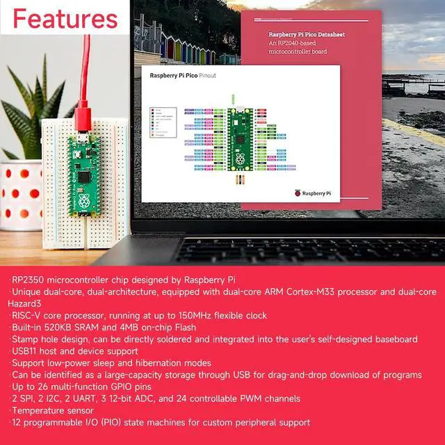 Alt view image 5 of 7 - Raspberry Pi Pico 2 RP2350 Microcontroller Board - Dual-Core 150MHz Microcontroller with 520KB RAM,4MB Flash,USB Drag-and-Drop Programming,26 GPIO