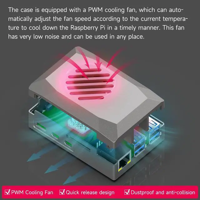 Alt view image 3 of 7 - Case for Raspberry Pi 5 with PWM Fan Pi 5 Cooling Fan Heat Sink Simple Removable Top Cover Compatible with Official Active Cooler