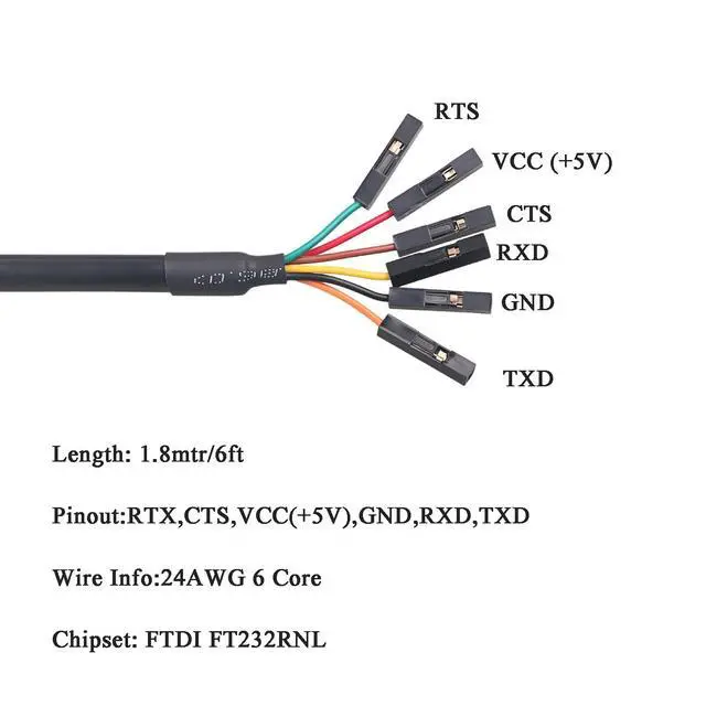 Alt view image 4 of 5 - USB to 6-Pin Dupont Header TTL 3V3 5V UART Cable 1.8m, USB to TTL Serial Converter Cable for Arduino, Raspberry Pi,FT232 Compatible (Level 3V3)