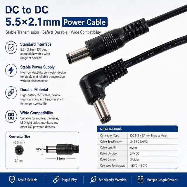 Alt view image 3 of 3 - Male to Male DC Extension Cord,Surveillance Camera Cables,90 Degree 5.5mm x 2.1mm,12v DC Power Extension Cable for Security Camera,CCTV IP,5v 9v 24v 12 Volt Plug Right Angle Supply Adapter 1.6ft/50cm