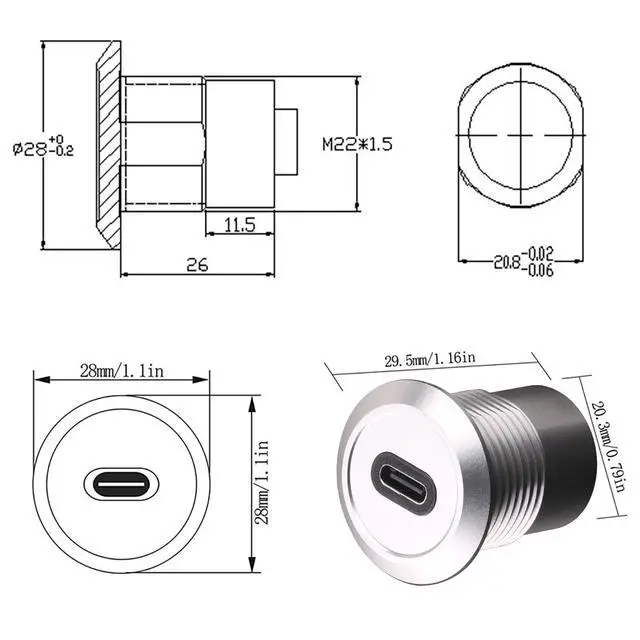 Alt view image 3 of 5 - USB USBC Type C Typec Female to Female F-F Panel Mount Extention Round Metal Adapter