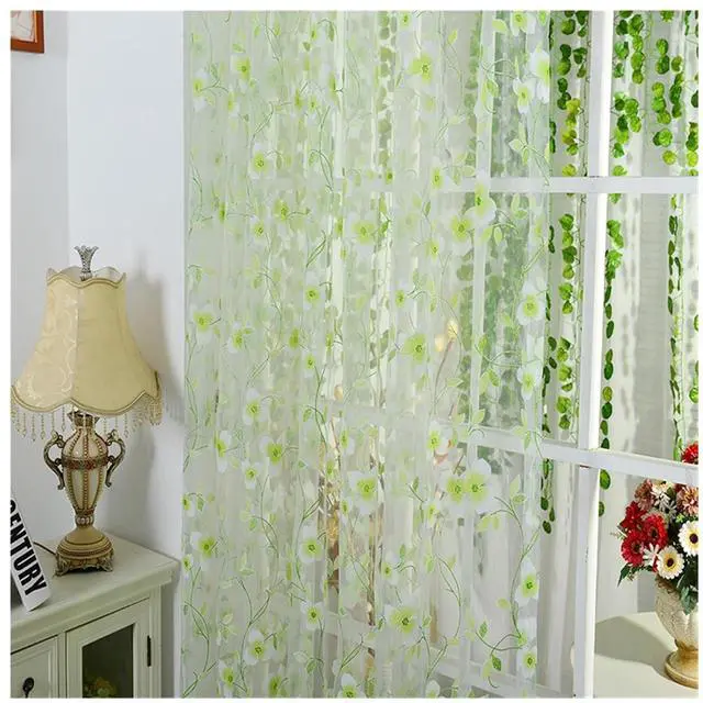 Main image of Curtains Tulle Window Curtain Compatible with Living Room Bedroom Kitchen Slot Top Plain Floral Compatible with Door Screen Windows (Color : Green 100x200cm)