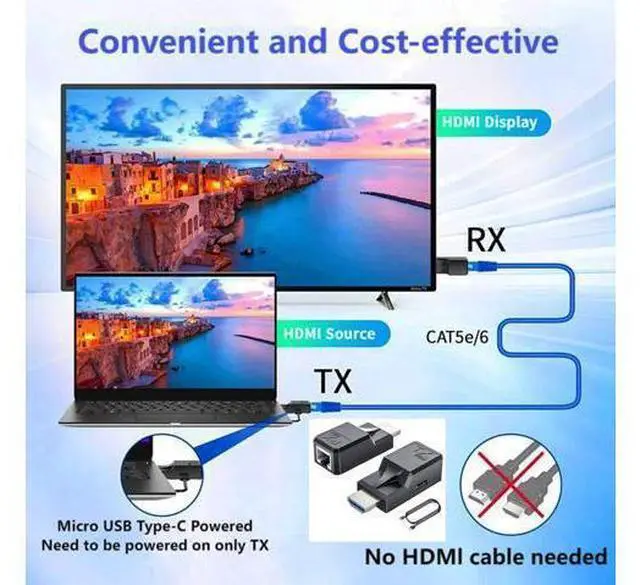 Alt view image 6 of 7 - HDMI Extender to RJ45 Over CAT6 Network LAN Ethernet Cable Adapter Signal Repeater 1080P 60M/196ft with Micro Type-C Power Cable Sender+Receiver 2Ports for PC Projector Monitor