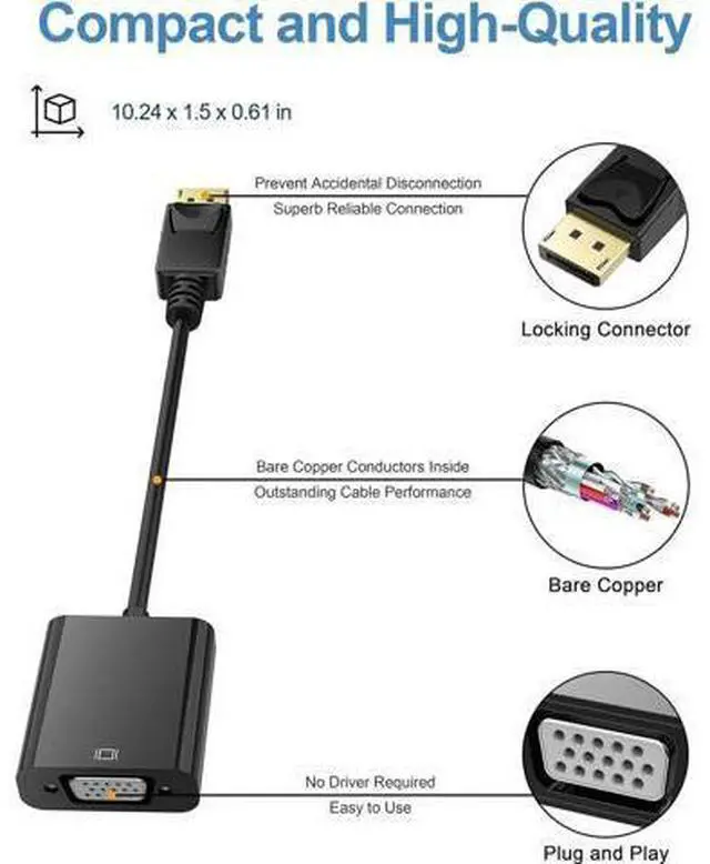 Alt view image 3 of 7 - DisplayPort (DP) to VGA Adapter, Gold-Plated Display Port to VGA Adapter (Male to Female) Compatible with Computer, Desktop, Laptop, PC, Monitor, Projector, HDTV - Black 10 Packs