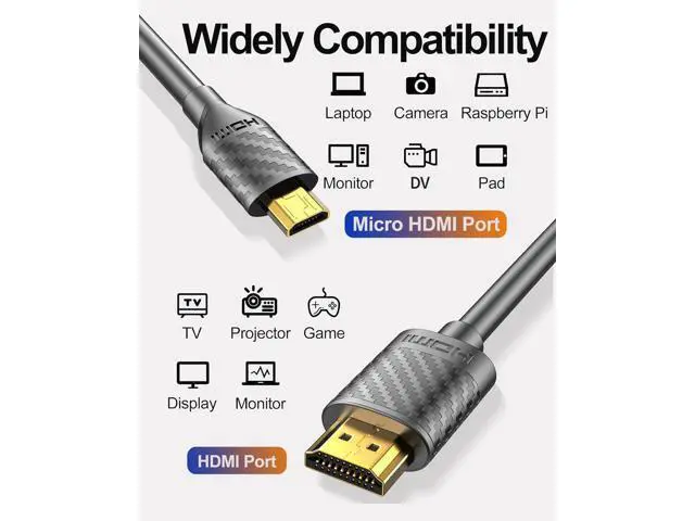 Alt view image 6 of 7 - Micro HDMI to HDMI Cable 4K 60Hz, MicroHDMI Adapter Cord for Raspberry Pi 5 4, Camera, GoPro Hero 7 6 5, Lenovo Yoga, HDTV, Monitor, HDR Video & Audio Capture Card - Long 6.6 Feet