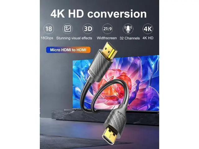 Alt view image 5 of 7 - Micro HDMI to HDMI Cable 4K 60Hz, MicroHDMI Adapter Cord for Raspberry Pi 5 4, Camera, GoPro Hero 7 6 5, Lenovo Yoga, HDTV, Monitor, HDR Video & Audio Capture Card - Long 6.6 Feet