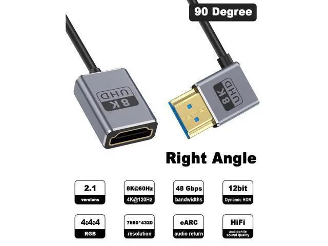 Alt view image 2 of 7 - 8K Coaxial Right Angle HDMI Extension Cable 1FT, Ultra Thin 90 Degree HDMI Male to Female Cable (48Gbps, 8K@60Hz, 4K@240Hz) Support Dynamic HDR, eARC, for GH5S, PS5, PC