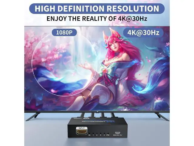 Alt view image 3 of 7 - HDMI Splitter 1 in 4 Out 4K@30Hz, Powered 1x4 HDMI Video Splitter 4 Ports with Power Cord, Duplicate/Mirror Screen, Supports UltralHD 3D 1080P HDCP 1.4 for HDTV, DVD, PS5/4/3, Projector, Etc