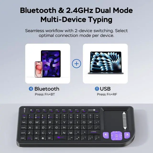 Alt view image 3 of 7 - K809 Mini Wireless Keyboard with Touchpad, Easy Media Control - Black | BT & 2.4G Dual Mode, Rechargeable 1000mAh Battery, Aluminum Frame, Handheld &Backlit Keyboard for PC/TV/HTPC/Laptop and more.