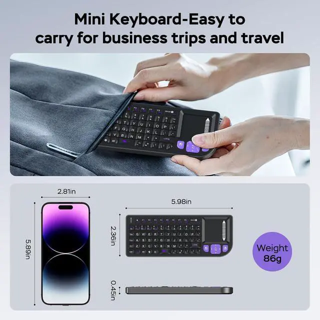 Alt view image 6 of 7 - K809 Mini Wireless Keyboard with Touchpad, Easy Media Control - Black | BT & 2.4G Dual Mode, Rechargeable 1000mAh Battery, Aluminum Frame, Handheld &Backlit Keyboard for PC/TV/HTPC/Laptop and more.