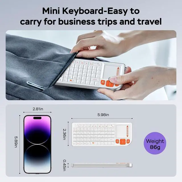Alt view image 3 of 7 - K809 Mini Wireless Keyboard with Touchpad, Easy Media Control - White | BT & 2.4G Dual Mode, Rechargeable 1000mAh Battery, Aluminum Frame, Handheld &Backlit Keyboard for PC/TV/HTPC/Laptop and more.