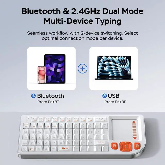 Alt view image 4 of 7 - K809 Mini Wireless Keyboard with Touchpad, Easy Media Control - White | BT & 2.4G Dual Mode, Rechargeable 1000mAh Battery, Aluminum Frame, Handheld &Backlit Keyboard for PC/TV/HTPC/Laptop and more.