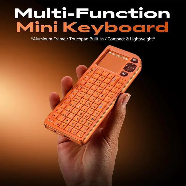 Alt view image 2 of 7 - K809 Mini Wireless Keyboard with Touchpad, Easy Media Control - Orange | BT & 2.4G Dual Mode, Rechargeable 1000mAh Battery, Aluminum Frame, Handheld &Backlit Keyboard for PC/TV/HTPC/Laptop and more.