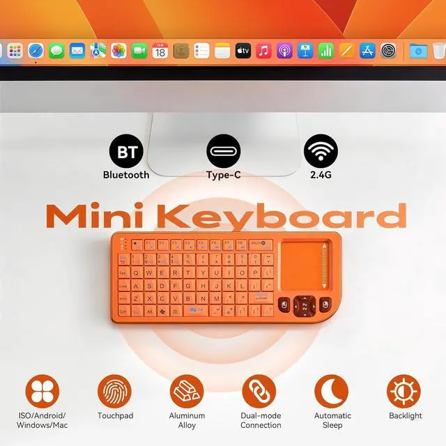 Alt view image 3 of 7 - K809 Mini Wireless Keyboard with Touchpad, Easy Media Control - Orange | BT & 2.4G Dual Mode, Rechargeable 1000mAh Battery, Aluminum Frame, Handheld &Backlit Keyboard for PC/TV/HTPC/Laptop and more.