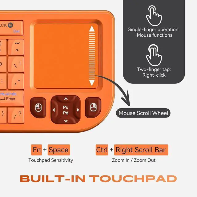 Alt view image 4 of 7 - K809 Mini Wireless Keyboard with Touchpad, Easy Media Control - Orange | BT & 2.4G Dual Mode, Rechargeable 1000mAh Battery, Aluminum Frame, Handheld &Backlit Keyboard for PC/TV/HTPC/Laptop and more.