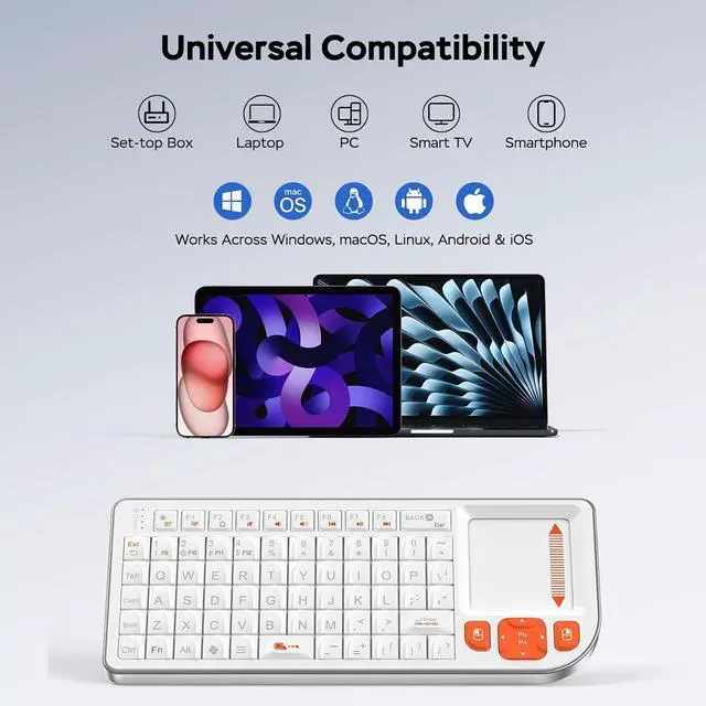 Alt view image 5 of 7 - K809 Mini Wireless Keyboard with Touchpad, Easy Media Control - White | BT & 2.4G Dual Mode, Rechargeable 1000mAh Battery, Aluminum Frame, Handheld &Backlit Keyboard for PC/TV/HTPC/Laptop and more.