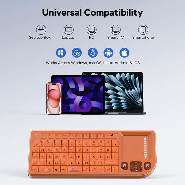 Alt view image 7 of 7 - K809 Mini Wireless Keyboard with Touchpad, Easy Media Control - Orange | BT & 2.4G Dual Mode, Rechargeable 1000mAh Battery, Aluminum Frame, Handheld &Backlit Keyboard for PC/TV/HTPC/Laptop and more.