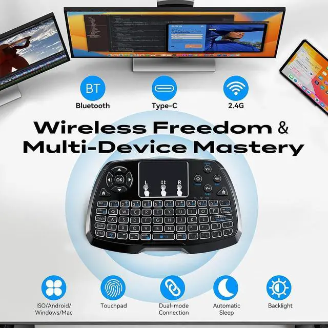 Alt view image 2 of 7 - A3 Handheld Mini Wireless Keyboard with Touchpad, 2.4G/BT & Media Keys | Backlit, Rechargeable Li-ion Battery, Compatible with TV Box, Smart TV, Xbox, PC, Android, Windows, Linux