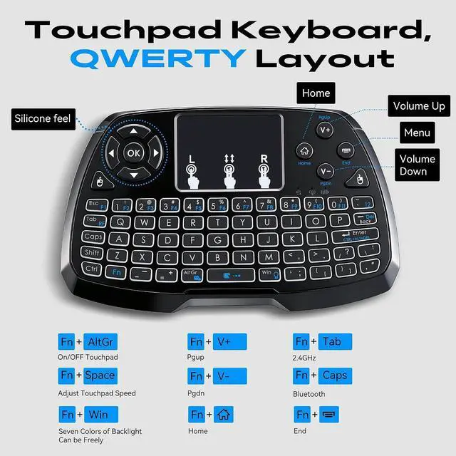 Alt view image 3 of 7 - A3 Handheld Mini Wireless Keyboard with Touchpad, 2.4G/BT & Media Keys | Backlit, Rechargeable Li-ion Battery, Compatible with TV Box, Smart TV, Xbox, PC, Android, Windows, Linux