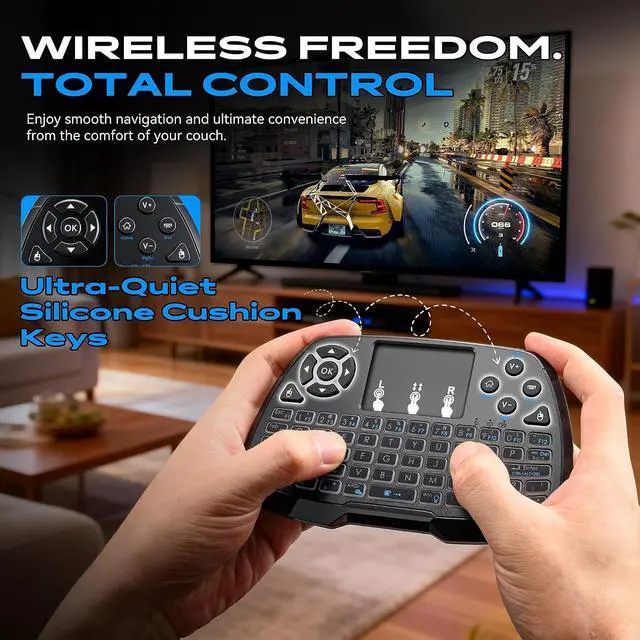 Alt view image 4 of 7 - A3 Handheld Mini Wireless Keyboard with Touchpad, 2.4G/BT & Media Keys | Backlit, Rechargeable Li-ion Battery, Compatible with TV Box, Smart TV, Xbox, PC, Android, Windows, Linux