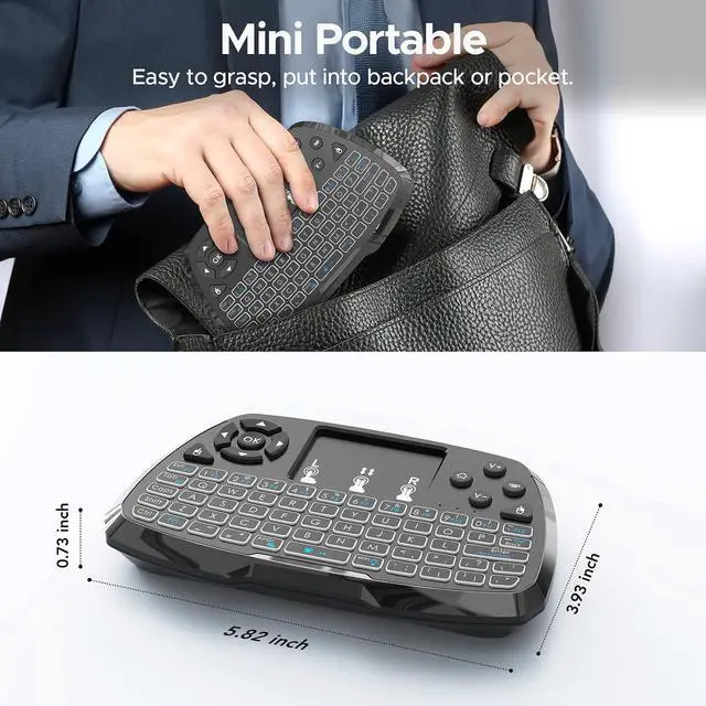 Alt view image 5 of 7 - A3 Handheld Mini Wireless Keyboard with Touchpad, 2.4G/BT & Media Keys | Backlit, Rechargeable Li-ion Battery, Compatible with TV Box, Smart TV, Xbox, PC, Android, Windows, Linux