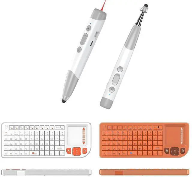 Main image of 2 Pack Mini Wireless Keyboard (White+Orange) + Presenter Clicker with Telescopic Pointer & Stylus Pen, Office/Classroom Bundle