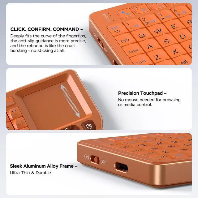 Alt view image 6 of 7 - K809 Mini Wireless Keyboard with Touchpad, Easy Media Control - Orange | BT & 2.4G Dual Mode, Rechargeable 1000mAh Battery, Aluminum Frame, Handheld &Backlit Keyboard for PC/TV/HTPC/Laptop and more.