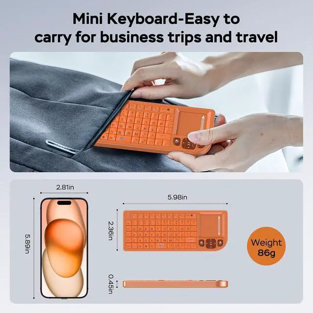 Alt view image 4 of 7 - 2 Pack Mini Wireless Keyboard - Black + Orange, Ultra-Slim Rechargeable Combo for Laptop, PC, Smart TV, Office & Home