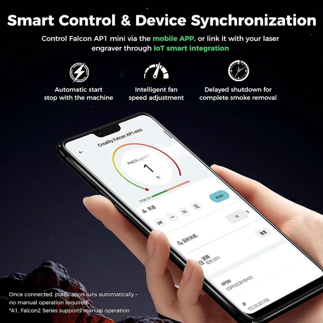 Alt view image 7 of 7 - Creality Falcon AP1 Mini Smart Smoke Purifier, 360° Full-circle Purification, 99% Purification Rate, Real-Time PM2.5 Monitoring, WiFi/App Control, 55W IOT-Connected Fume Extractor for Laser Engraver