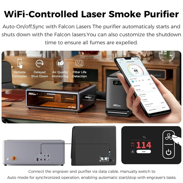 Alt view image 2 of 7 - Creality Falcon AP1 Smart Smoke Purifier, 360° Full-circle Purification, 99% Purification Rate, Real-Time PM2.5 Monitoring, WiFi/App Control, 150W IOT-Connected Fume Extractor for Most Laser Engraver