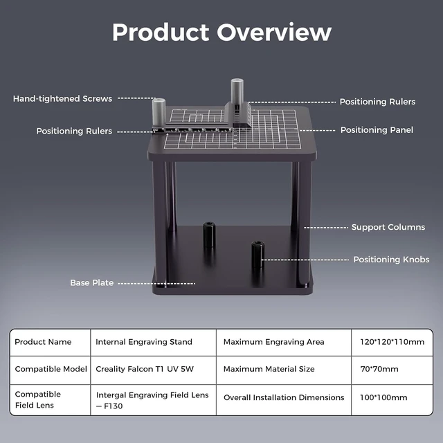 Alt view image 5 of 7 - Creality Internal Engraving Stand for Falcon T1 UV 5W, Adjustable Positioning Rulers, Compatible with Dedicated F130 Field Lens, Quick-Install, Precision Center Alignment for Crystal Engraving