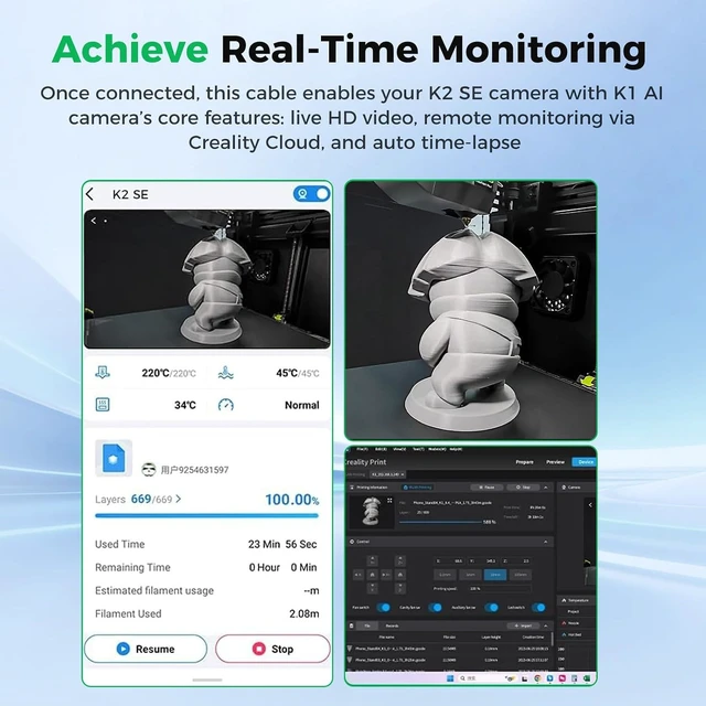 Alt view image 5 of 7 - Creality Official K2 SE Camera Cable, Original K2 SE Camera Wire, Compatible with K1 Series AI Camera, Time-Lapse, Connects the K1 Camera to the K2 SE 3D Printer for Remote Monitoring