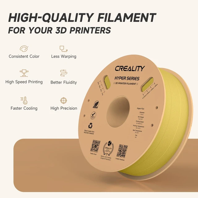 Alt view image 3 of 7 - Official CREALITY Hyper PLA Filament 1.75mm, High Speed PLA 30-600mm/s Rapid 3D Printer Filament, Dimensional Accuracy +/-0.02mm,Stronger Toughness, Fit Most FDM 3D Printers, 1KG(2.2lbs) Spool Gold