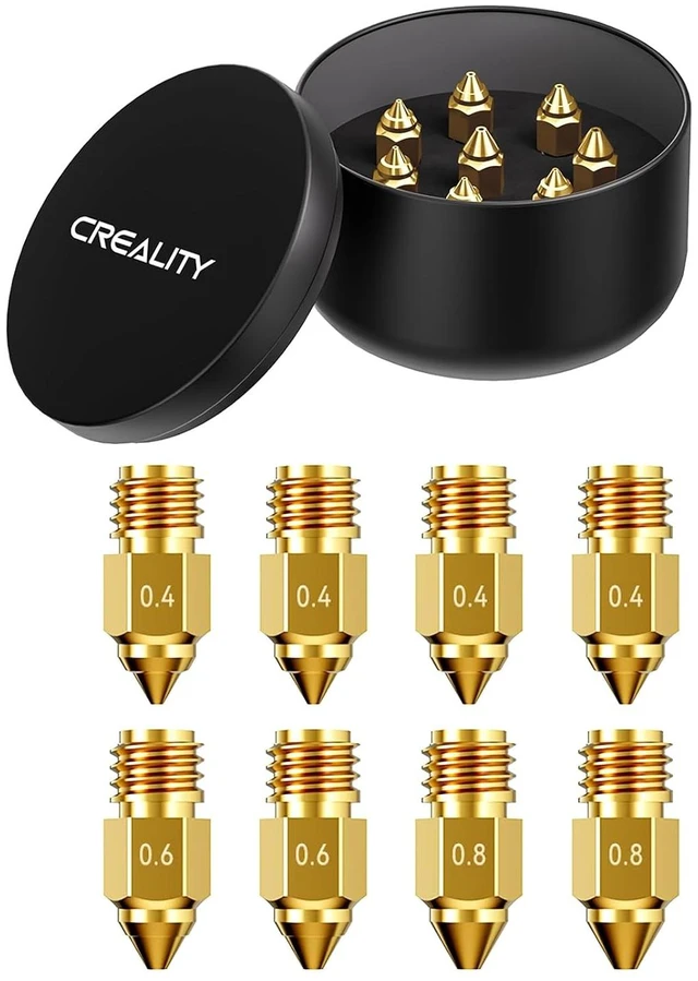 Main image of Creality Official Ender 5 Max Nozzles, Brass Material, 8Pcs, 0.4mm, 0.6mm, 0.8mm, High Temperature Resistance(300), Less Clogging, No Leakage, Durable and Reliable, Original 3D Printer Nozzle