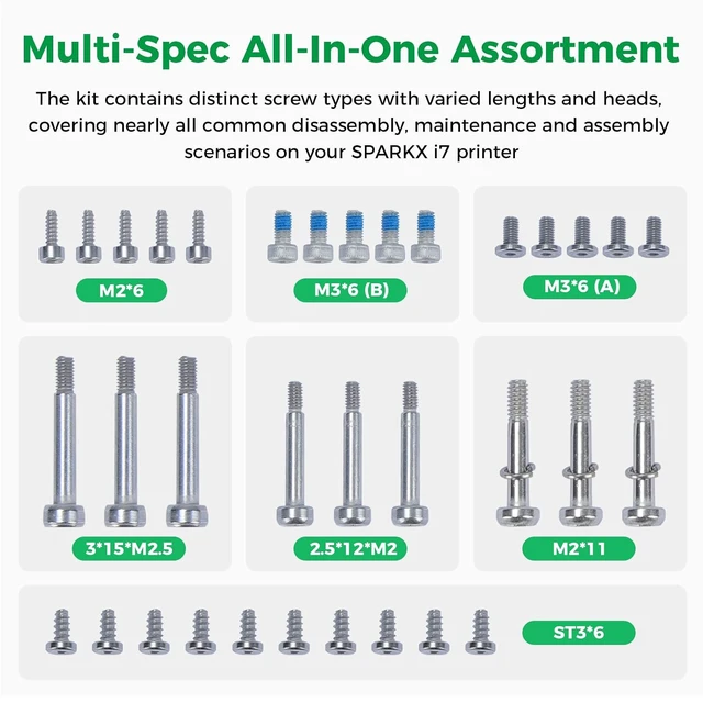 Alt view image 3 of 7 - Creality Official SPARKX i7 Spare Screws, 44-Piece Replacement Kit for SparkX i7 3D Printer, Alloy Fasteners Rust Prevention, Multi-Spec Replacement Fastener Accessories for Daily Maintenance & Repair