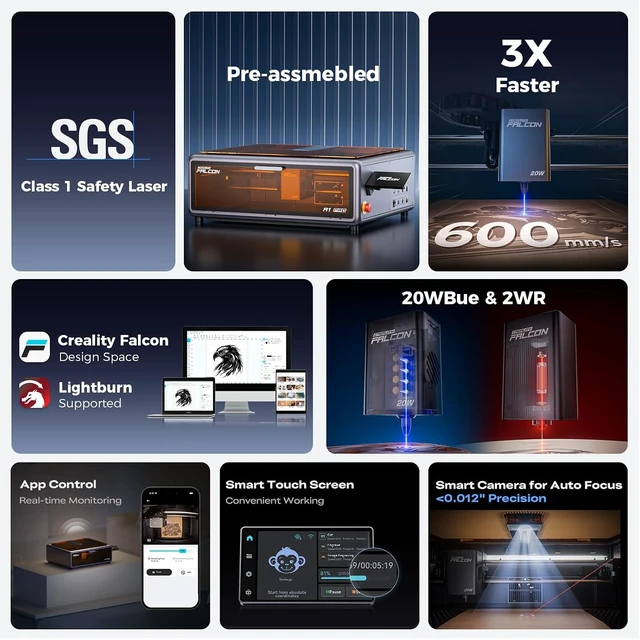 Alt view image 2 of 7 - Creality Falcon A1 Pro 20W Laser Engraver with Air Assist, HD Smart Camera for Auto Focus, APP Control, Convenient Touch Screen, Class 1 Safety Enclosed Engraving Machine for Wood and Metal, Acrylic