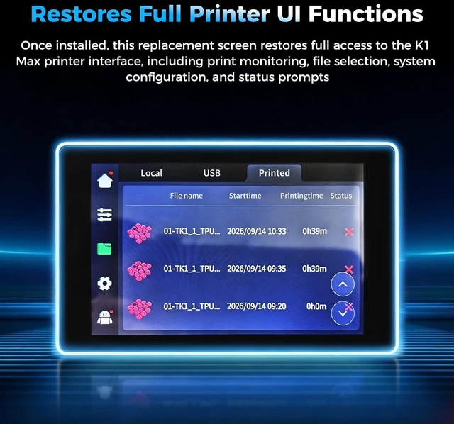 Alt view image 5 of 7 - Creality Official K1 Max Touch Screen Kit, Original 3D Printer Display Panel with Matching Flex Cable, DirectReplacement Touch Control Screen for Creality K1 Max 3D Printer