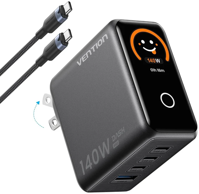 Main image of 140W USB-C Charger, Chargers & Power Adapters for Laptops, Multi-Port USB-C Charger, Touchscreen Display, Includes 1× USB-C Cable, Compatible with Laptop and Mobile Phone, Gray