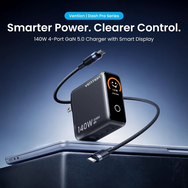 Alt view image 2 of 7 - 140W USB-C Charger, Chargers & Power Adapters for Laptops, Multi-Port USB-C Charger, Touchscreen Display, Includes 1× USB-C Cable, Compatible with Laptop and Mobile Phone, Gray