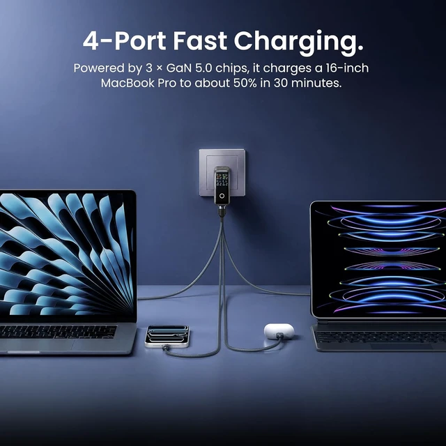 Alt view image 5 of 7 - 140W USB-C Charger, Chargers & Power Adapters for Laptops, Multi-Port USB-C Charger, Touchscreen Display, Includes 1× USB-C Cable, Compatible with Laptop and Mobile Phone, Gray