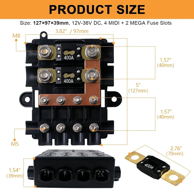 Alt view image 3 of 7 - Automotive Fuse Box with 400A MEGA Fuse 4-Way MIDI Fuse Holder