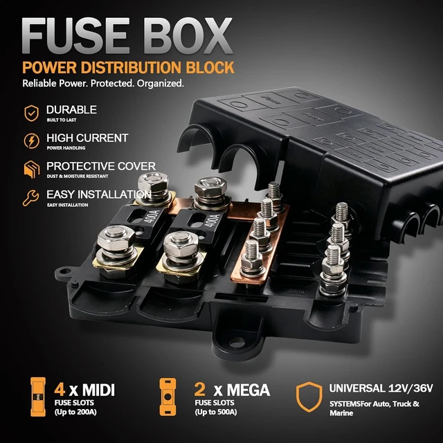 Alt view image 4 of 7 - Automotive Fuse Box with 400A MEGA Fuse 4-Way MIDI Fuse Holder