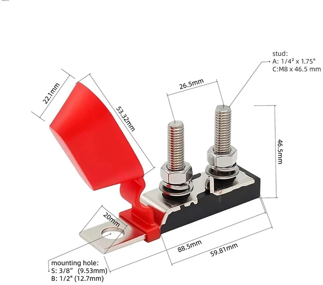 Alt view image 6 of 7 - MRBF Terminal Fuse Block 90A, 58V, Dual Studs, Marine Rated Battery Fuse Holder 90A for DC Main Inverter, Hoist