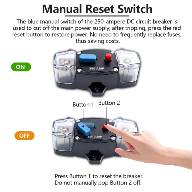 Alt view image 4 of 7 - 250 Amp Circuit Breaker Manual Reset Switch, 12V-48V DC