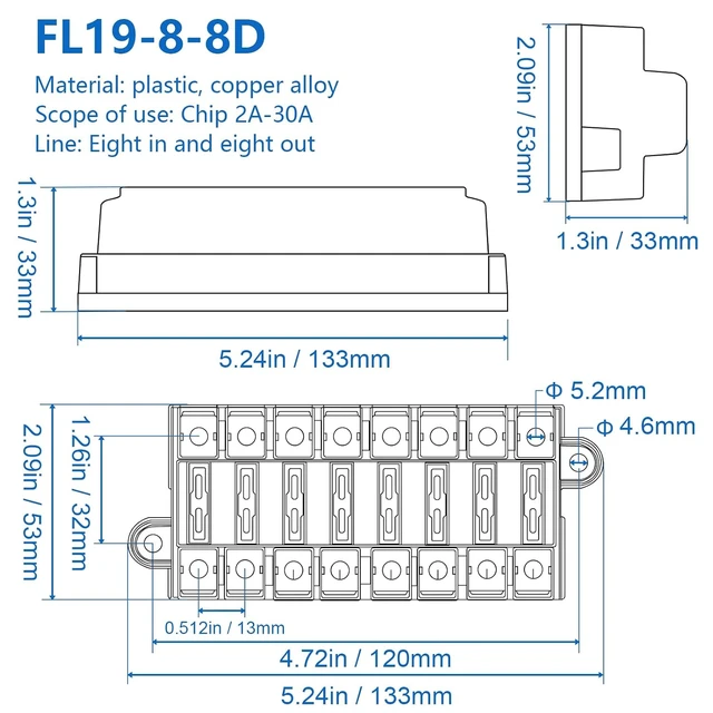 Alt view image 3 of 7 - 8-Way Fuse Block 12V Blade Fuse Holder Double Terminals