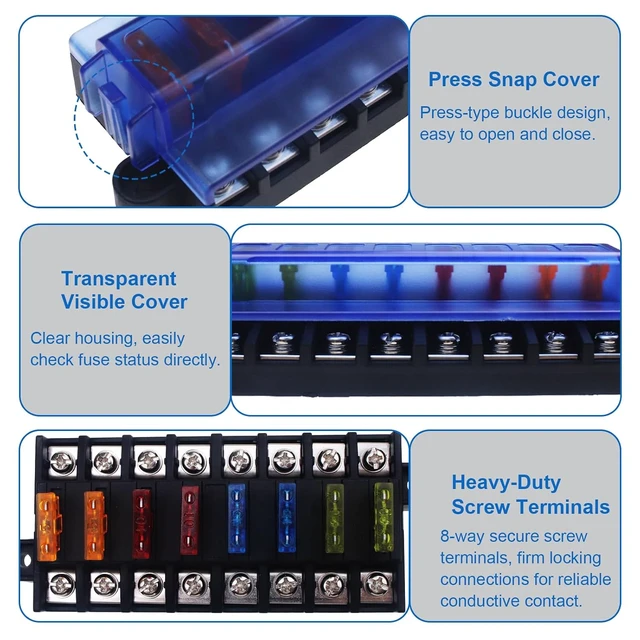 Alt view image 4 of 7 - 8-Way Fuse Block 12V Blade Fuse Holder Double Terminals