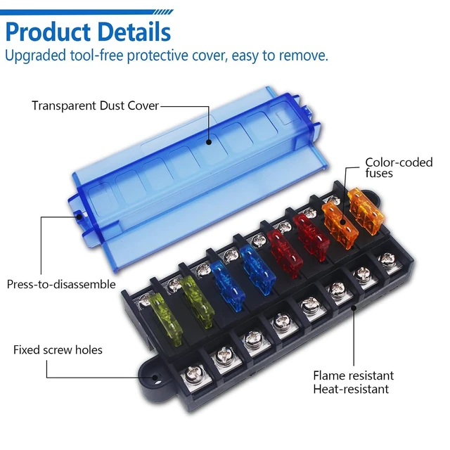 Alt view image 5 of 7 - 8-Way Fuse Block 12V Blade Fuse Holder Double Terminals