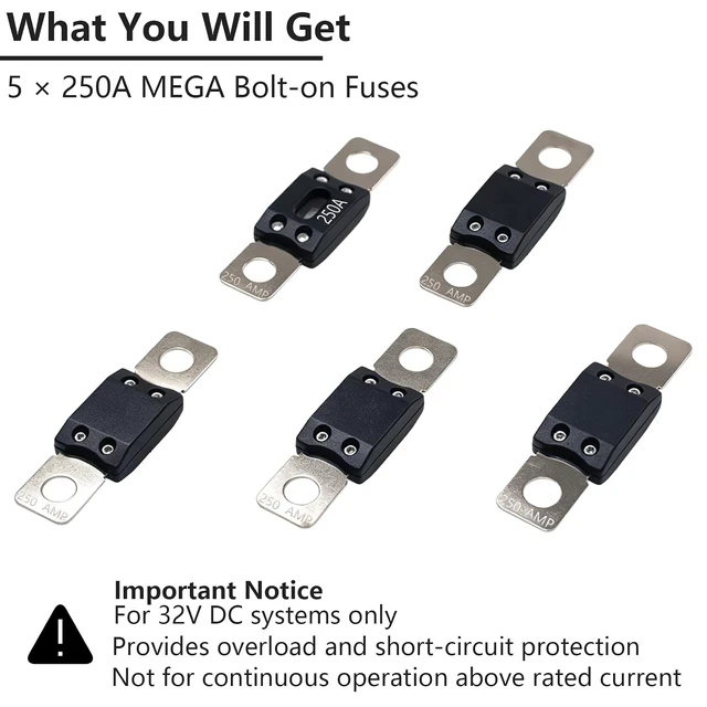Alt view image 5 of 7 - 5 Pcs 250 Amp MEGA Fuse 32V DC Bolt-on Fuse 250A for Automotives