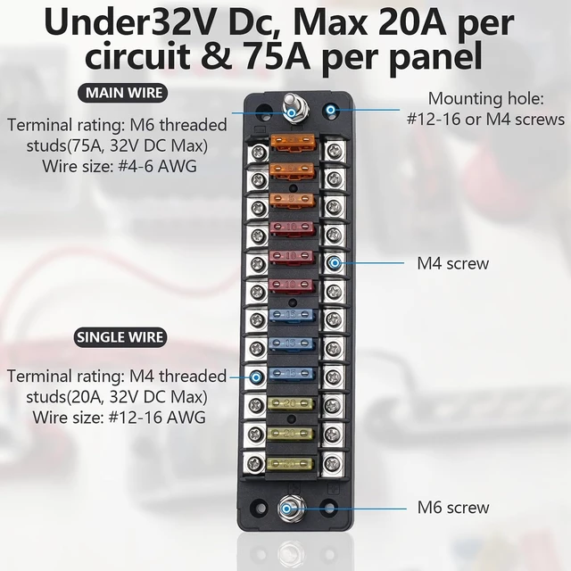 Alt view image 4 of 7 - 12 Way Fuse Block 12V Blade Fuse Holder with Negative Bus, 75Amps Total