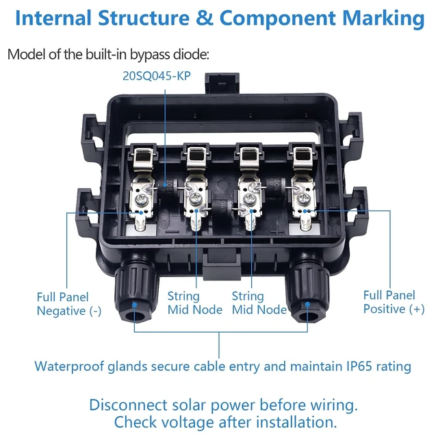 Alt view image 5 of 7 - Solar Junction Box for 150W-300W Solar Panel, Diodes 20SQ045 KP, 1000V DC